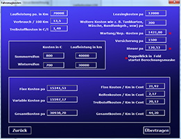 Detailansicht, Tool zur Berechnung der Fahrzeugkosten