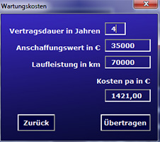 Detailansicht, Tool zur Berechnung der KFZ Wartungskosten