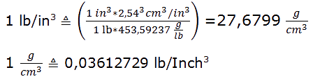 Pounds/cubic inches, Umrechnung