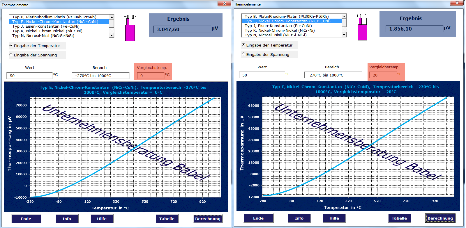 Tool zur Berechnung von Thermoelementen mit Anpassung der Vergelichstemperatur
